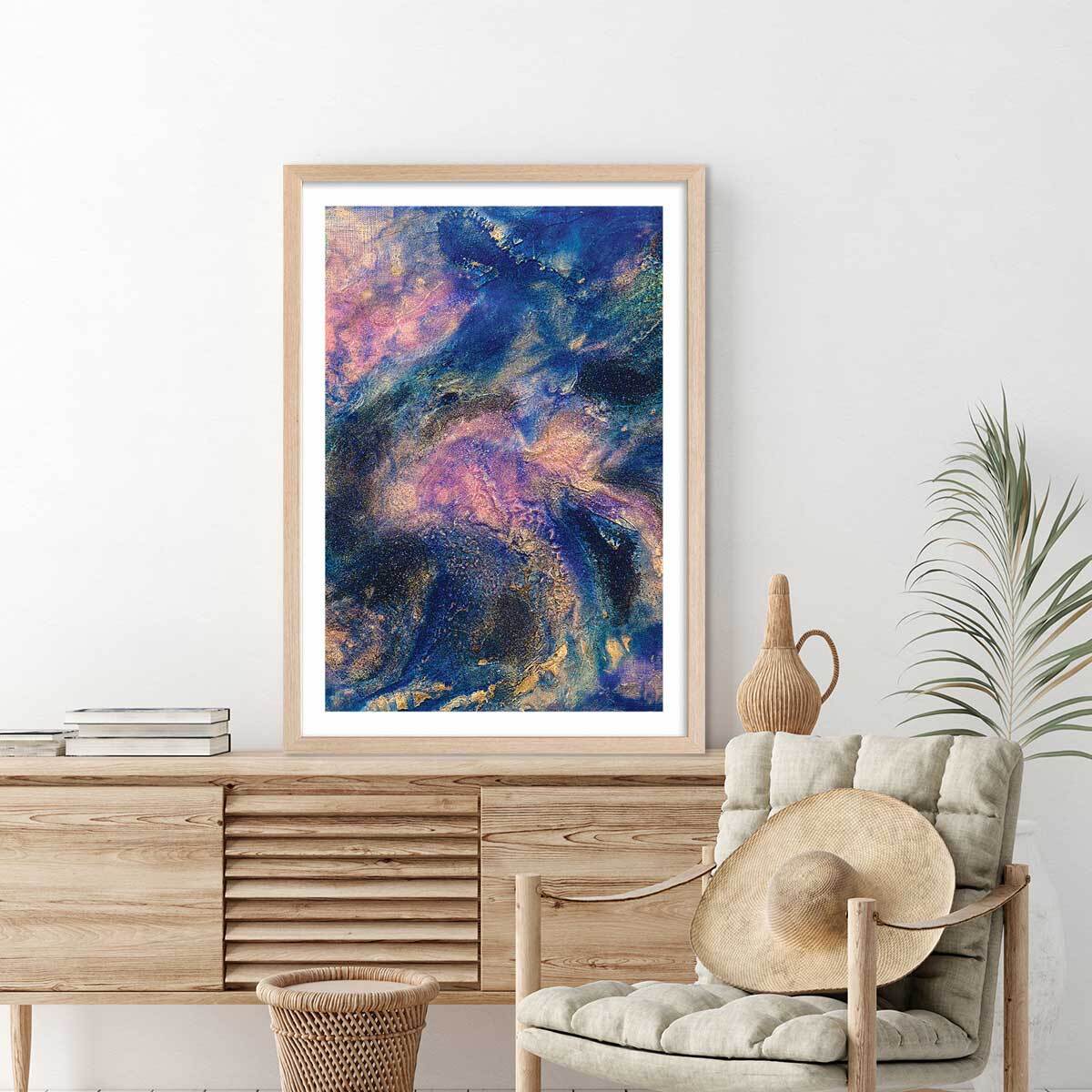 Poster rose nebuleux Affiche + cadre en bois - Chêne