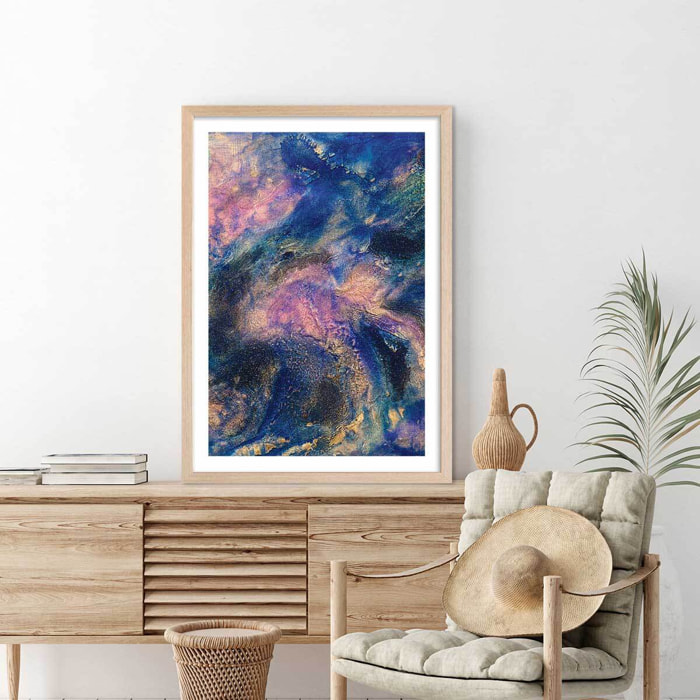 Poster rose nebuleux Affiche + cadre en bois - Chêne