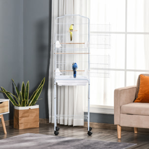 Jaula para Pájaros con Soporte 4 Ruedas Comederos y Estante 46,5x36x157cm Blanco