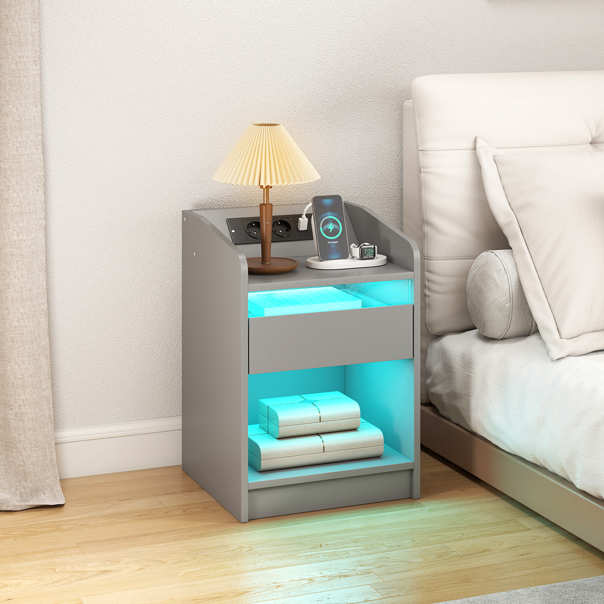 Mesita de Noche con Estación de Carga y Luz LED RGB, Mesilla de Noche Dormitorio con Cajón, Estante Abierto, Puertos USB y Control Remoto, para Salón, Estudio, 40x40x58 cm, Gris