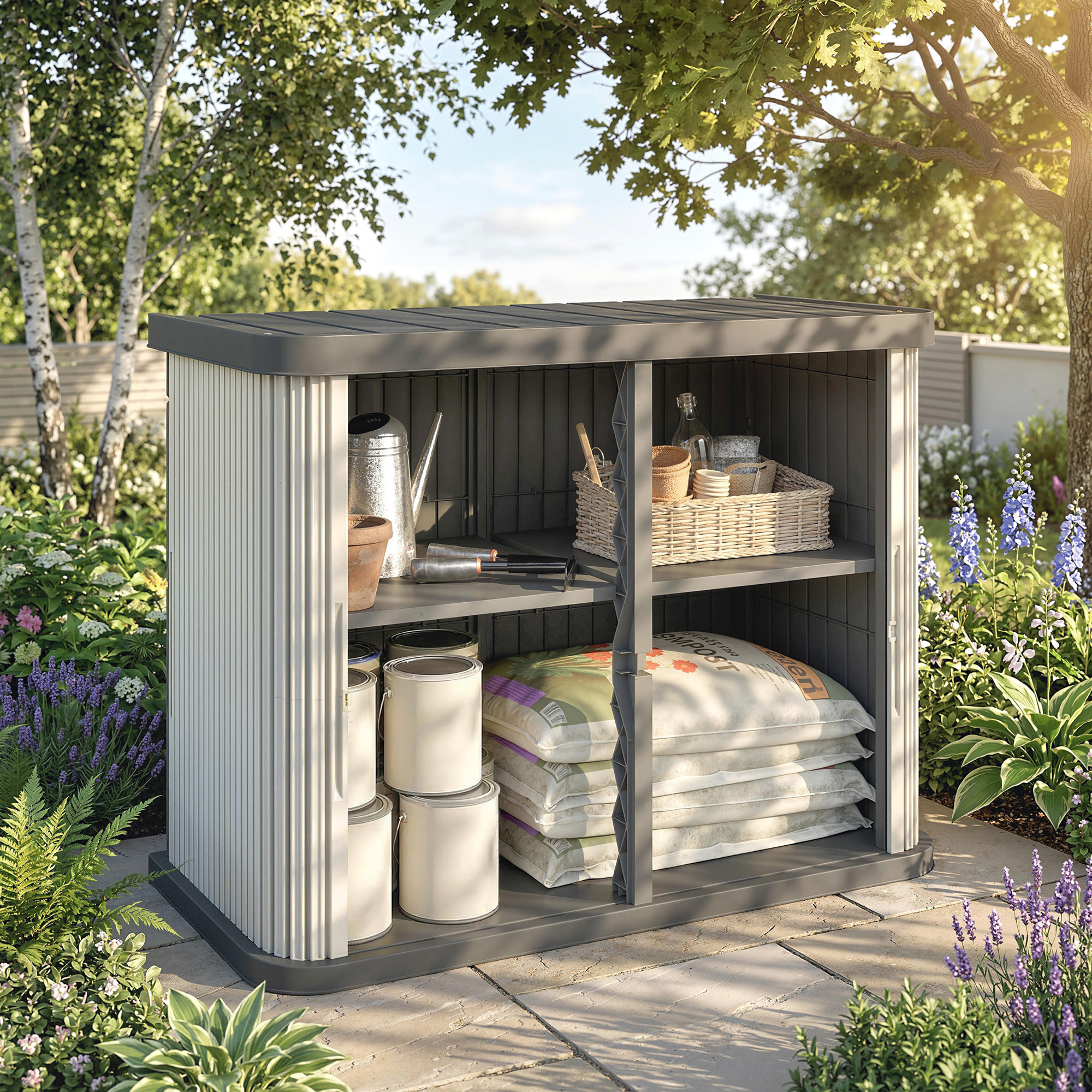 Coffre de jardin 480L 2 portes coulissantes étagère gris crème