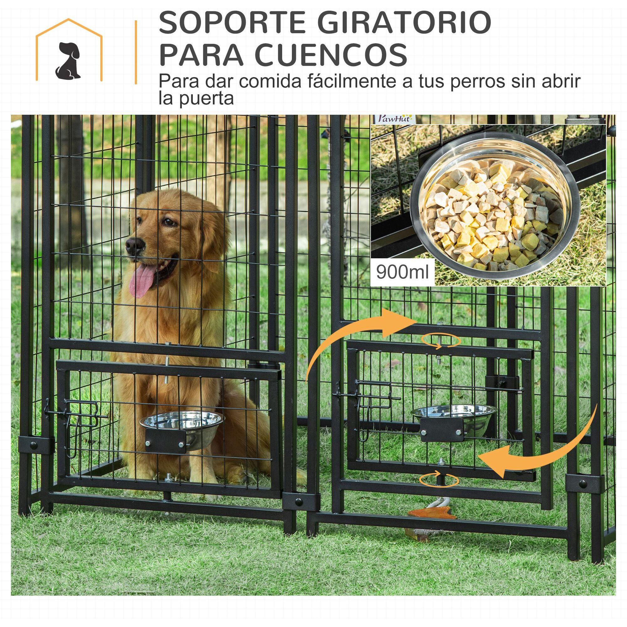 Perrera de 8 Paneles Parque para Perros Metálica de Exterior con 2 Soportes Giratorios para Comida 2 Cuencos y Toldo de Impermeable y Anti-UV 141x141x153 cm Negro y Rojo