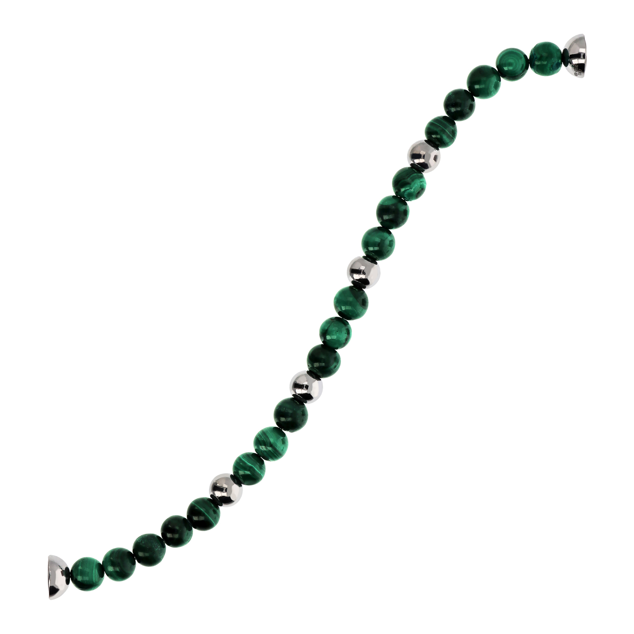 Bracciale di Sfere Argentate e in Pietra Naturale Malachite Verde in Argento 925 placcato Rodio