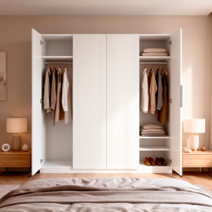 Armadio A 4 Ante Battenti Con 2 Barre Appendiabiti E Ripiano Interno Guardaroba Moderno Per Camera Da Letto Cabina Armadio 180 x 200 x 52 Cm Bianco