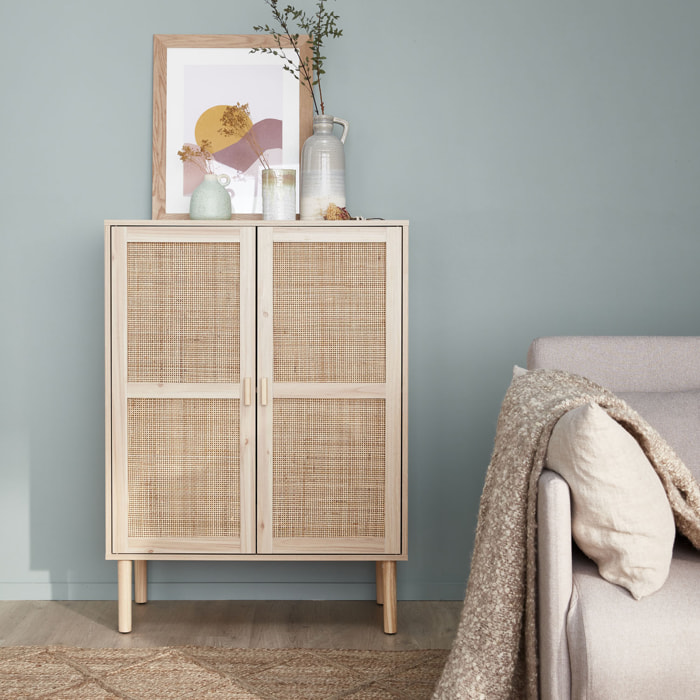 Buffet décor bois et cannage 2 portes 80cm CAMARGUE