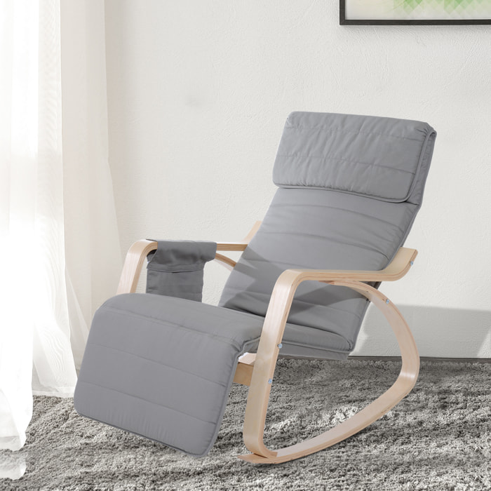 Fauteuil à bascule - fauteuil relax repose-pied réglable, poche rangement, tétière - bois tissu gris