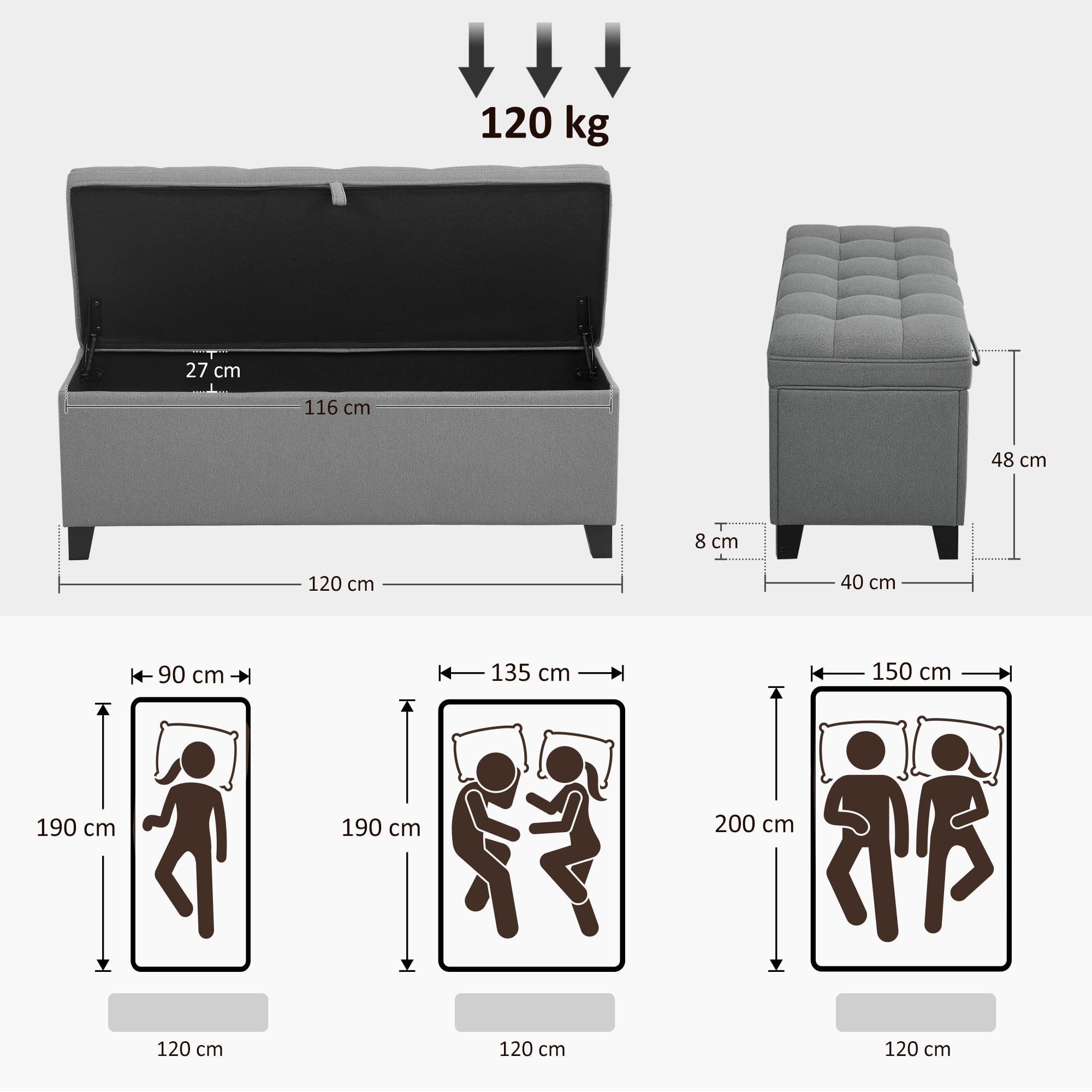 Puff Almacenaje Banco Almacenaje 112L Tapizado en Lino con 2 Bisagras de Seguridad Tapa Abatible y Asiento con Capitoné para Dormitorio Salón Entrada Carga 120 kg 120x40x48 cm Gris Oscuro