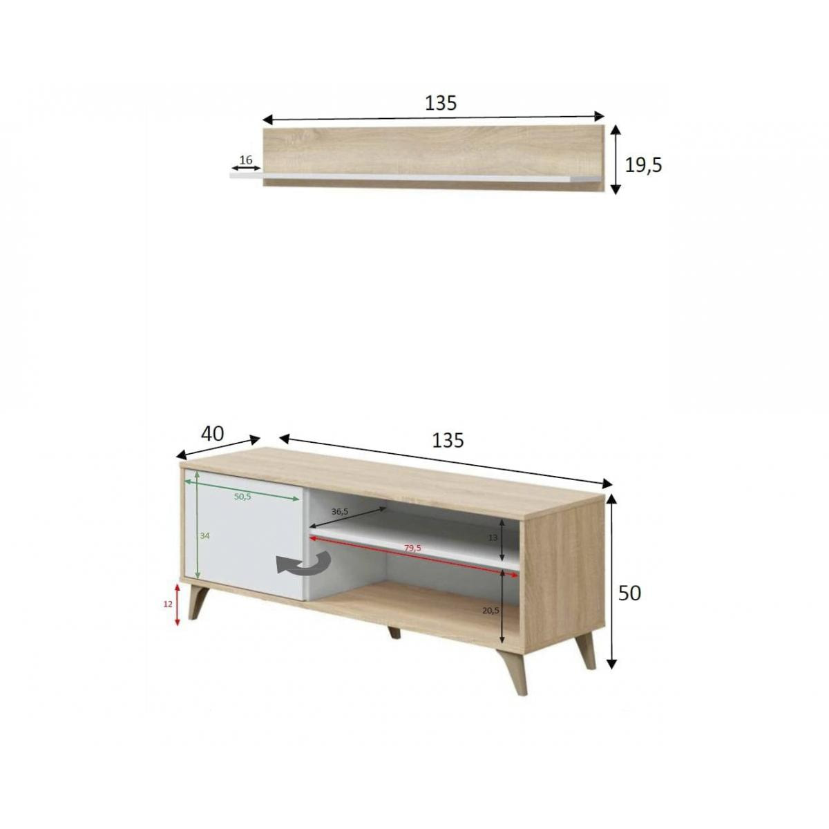 Mobile porta TV Mesa, Credenza per televisione da soggiorno con 1 anta, Supporto TV da salotto, Madia di design, cm 135x40h50, Rovere