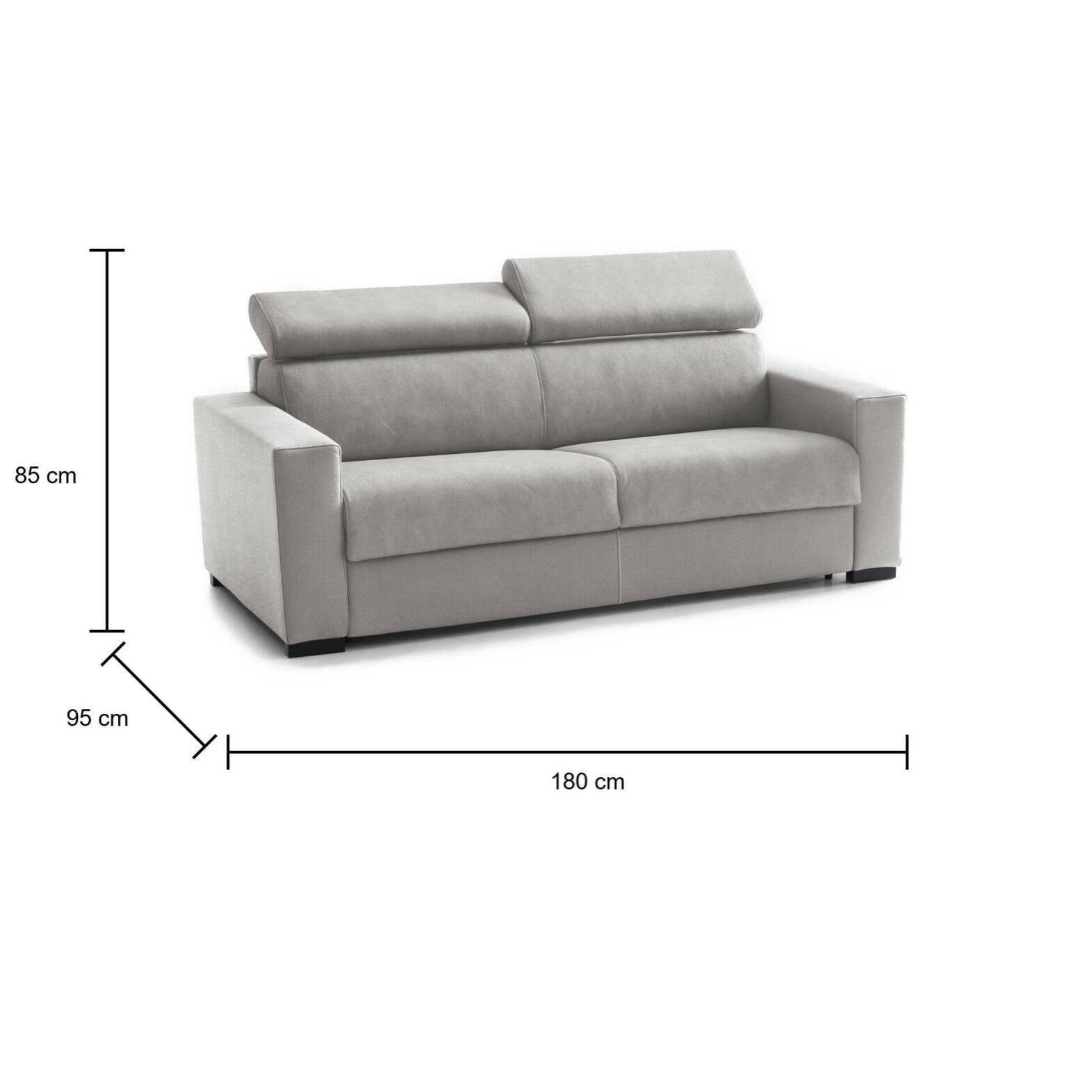 Divano Letto Aida, Divano a 2 posti Large, 100% Made in Italy, Sofà Soggiorno con apertura girevole, con poggiatesta regolabili e Braccioli slim, Cm 180x95h85, Grigio