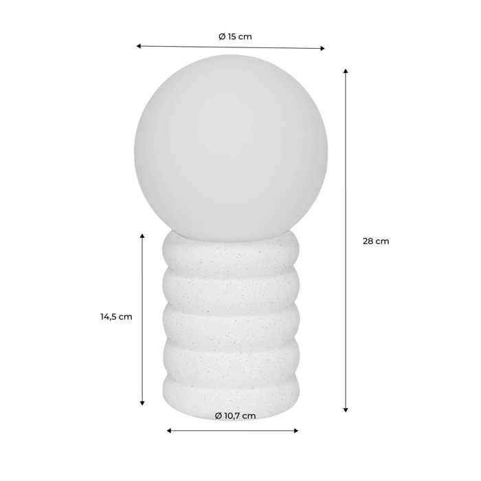Lampe à poser intérieur céramique moucheté blanc et noir. globe en verre H 28cm - Zoe