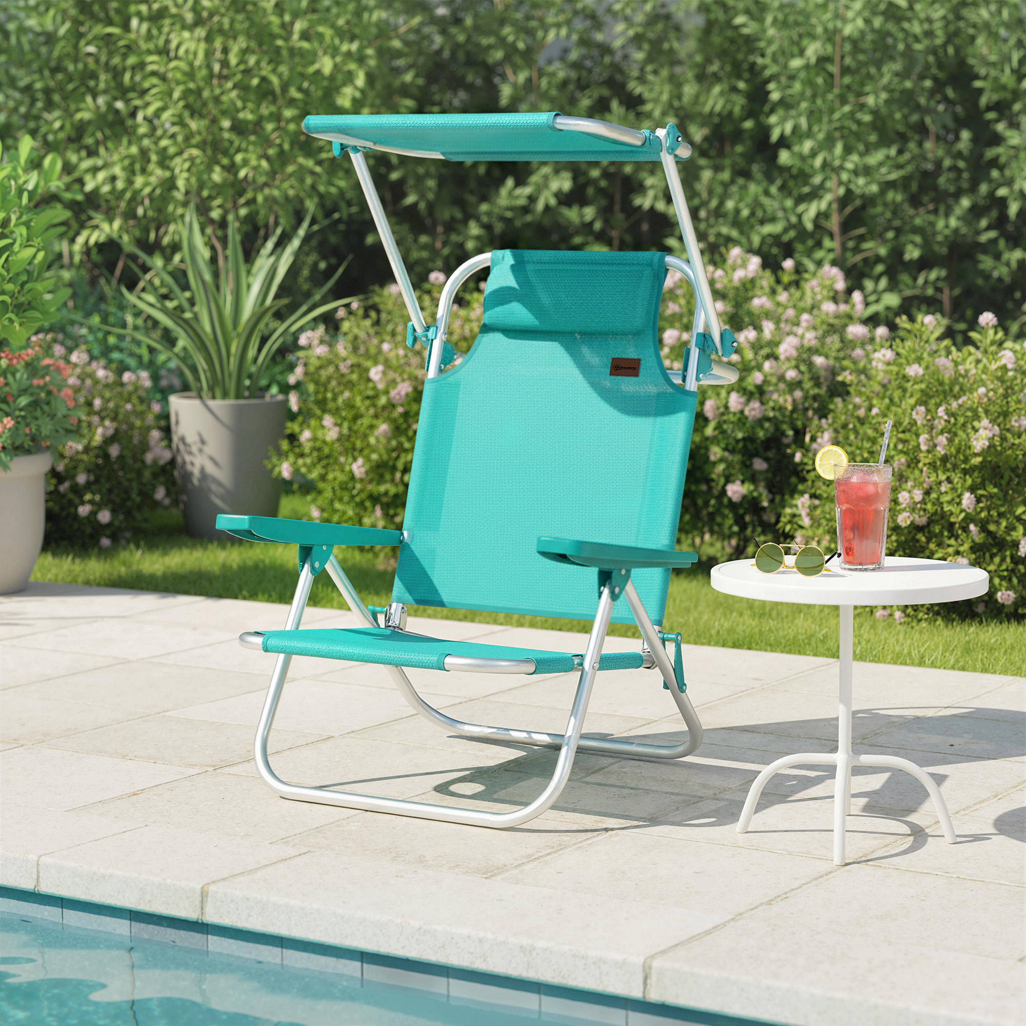 Chaise de plage pliable inclinable avec pare-soleil turquoise