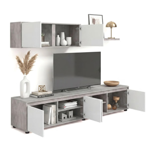 Salón con mueble de TV y estantería en gris cemento y blanco artik 200 cm Arlet Gris cemento - Blanco Artik (Blanco Mate)