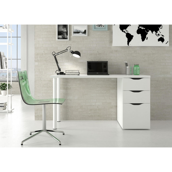 Scrivania Filadelfia, Scrittoio multifunzione da ufficio reversibile, Tavolo da studio con cassettiera a 2 cassetti e 1 anta, cm 138x60h74, Bianco