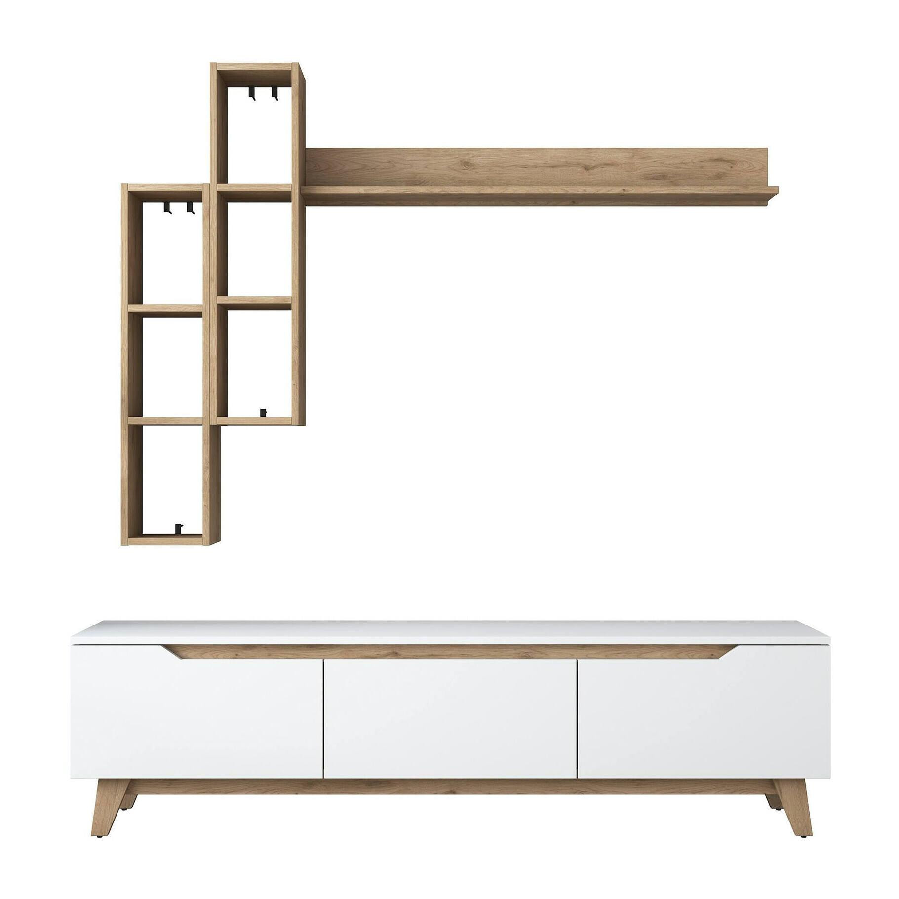 Parete attrezzata Dleonard, Composizione soggiorno, Mobile salotto multiuso, Armadio porta TV, 180x35h49 cm, Bianco e Rovere