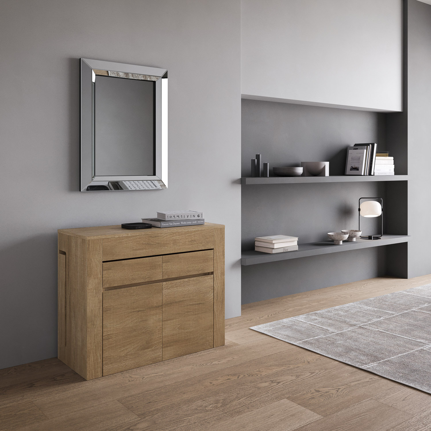 Consola extensible 90x42/302 cm Evolve Roble Natural extensiones internas con bancos inferior y superior