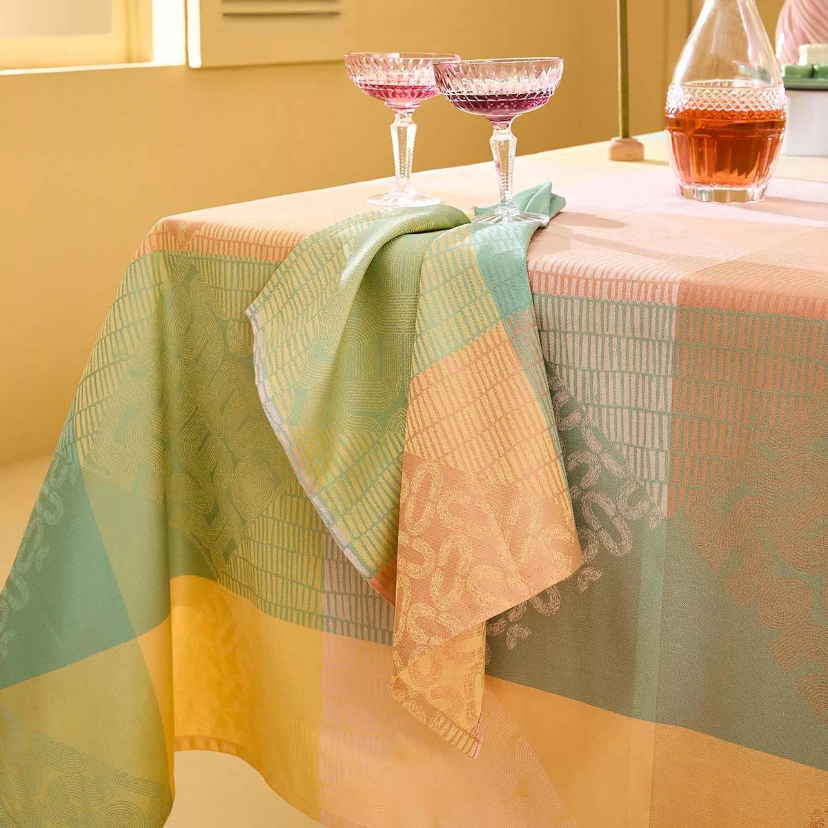 Nappe pur coton 205 g/m² motif jacquard rose jaune Mille empreintes pastel