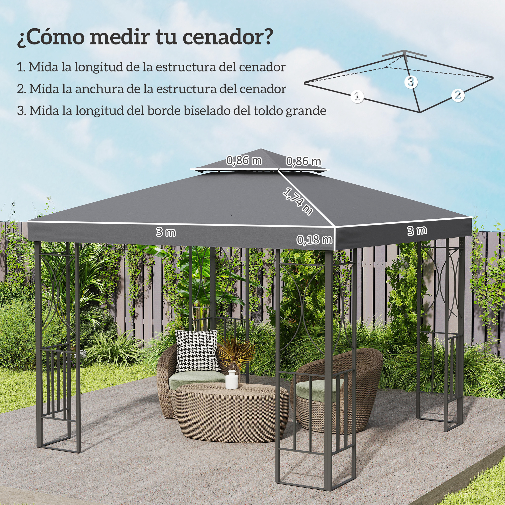 Techo de Repuesto para Cenador, 3x3 m, Cubierta de Repuesto con Techo Doble, 8 Orificios de Drenaje y Protección UV, SOLO Toldo de Recambio para Pabellón Gazebo, Gris Oscuro