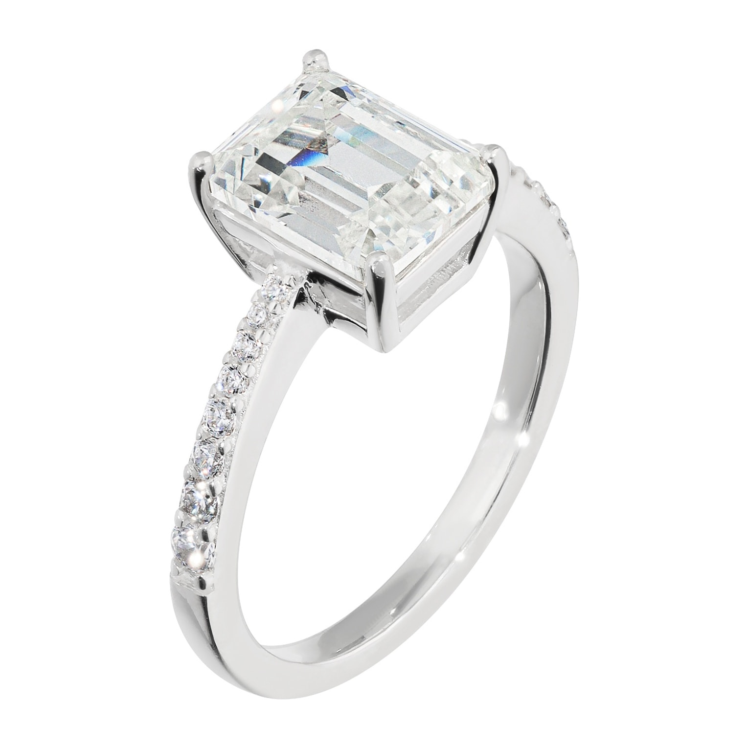 Anello Solitario in Argento 925 con Pavé e Cubic Zirconia a Baguette
