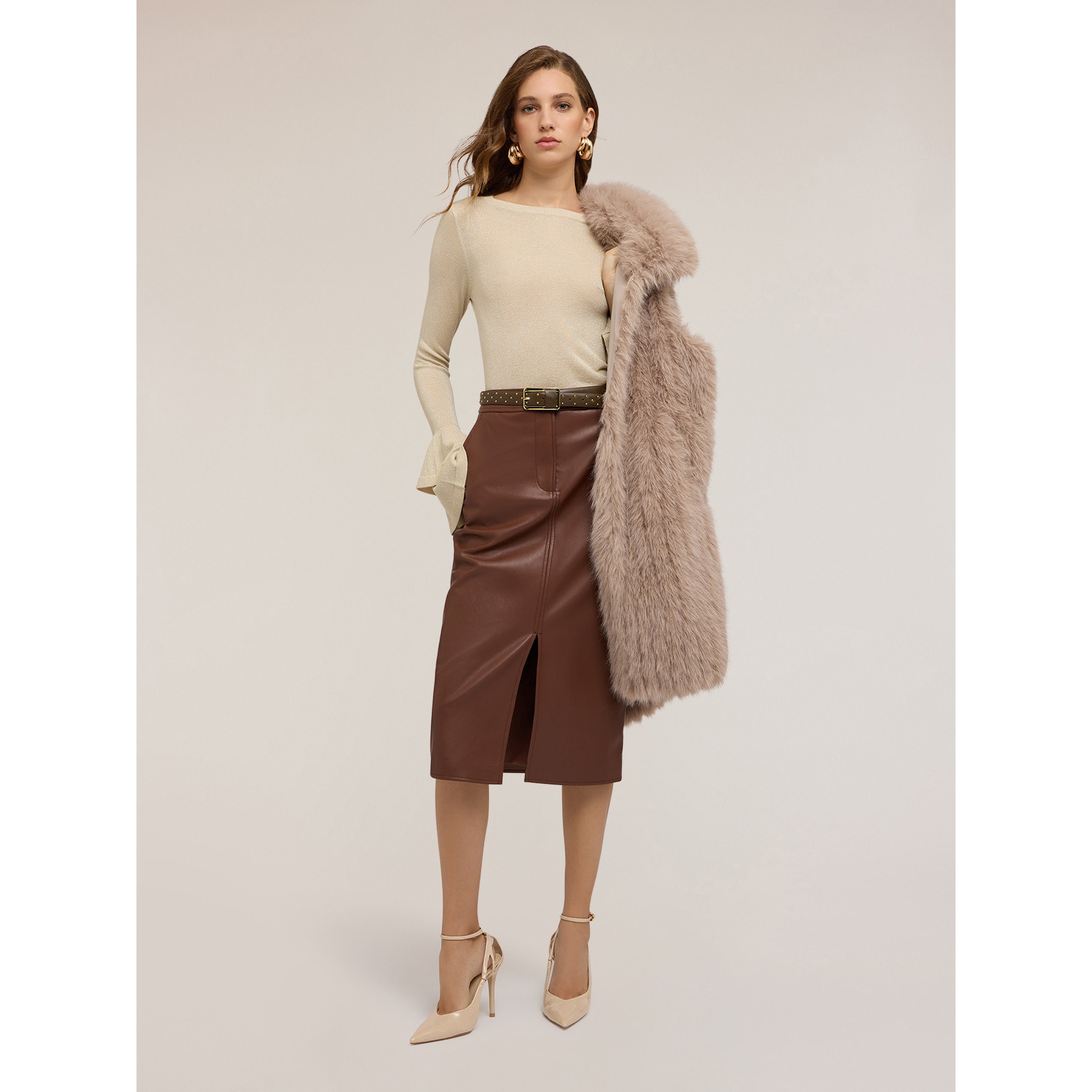 Motivi - Gonna a tubino in tessuto spalmato - Marrone