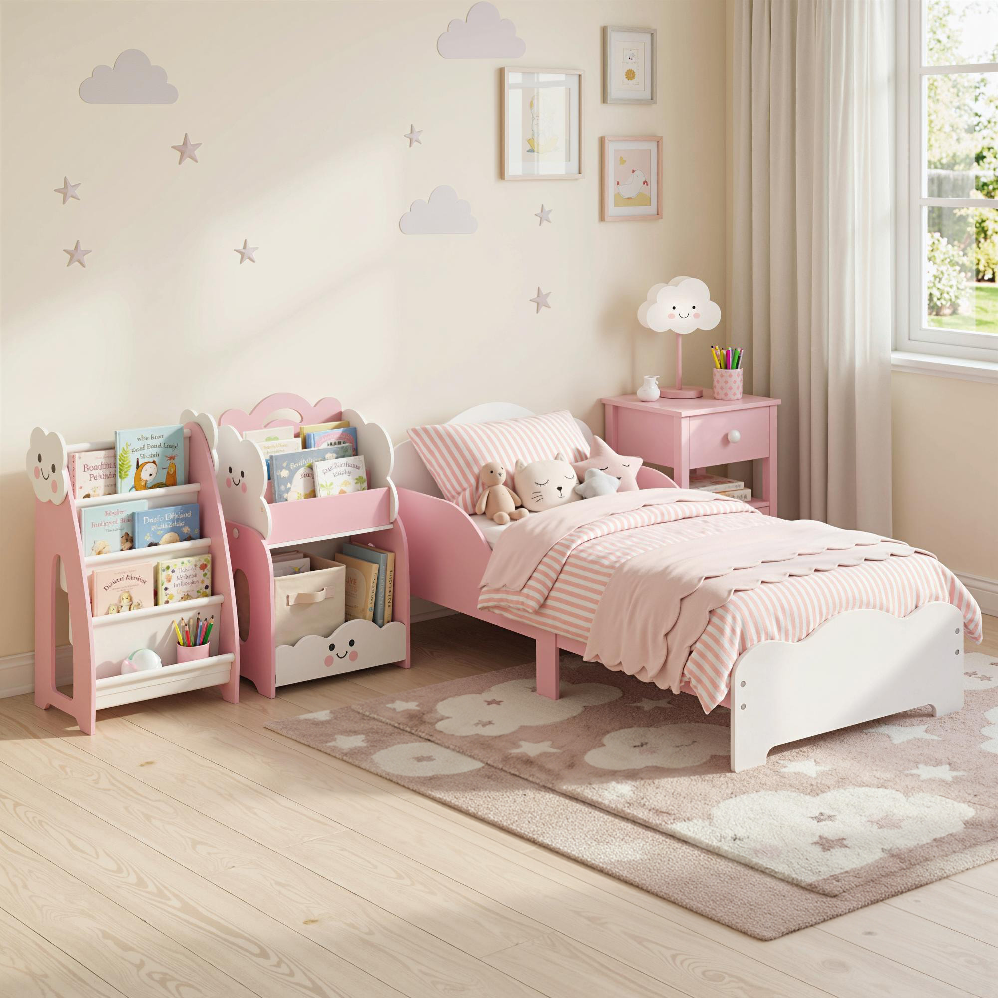Cama Infantil, 70x140 cm, Cama Montessori con Barandillas Altas, Tema de Algodón de Azúcar, para Niños y Niñas de 3-6 Años, Rosa