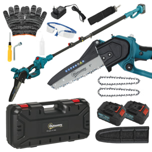 Mini Motosierra Bateria 6000mAh 8 Pulgadas Motosierra Eléctrica con 580W Motor sin Escobillas 2 Baterías Palo Telescópico y Doble Bloqueo para Podar Árboles de Jardinería y Madera
