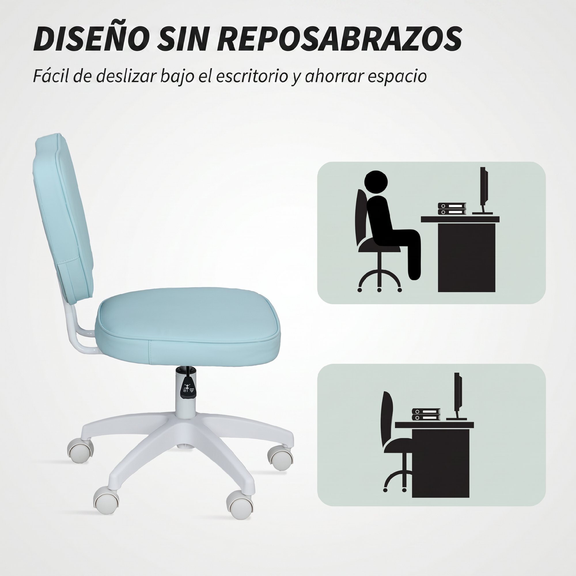 Silla de Escritorio Tapizada en PU Silla de Oficina Giratoria con Altura Ajustable sin Brazos Carga 120 kg para Estudio Dormitorio 46x59x82-92 cm Azul Claro