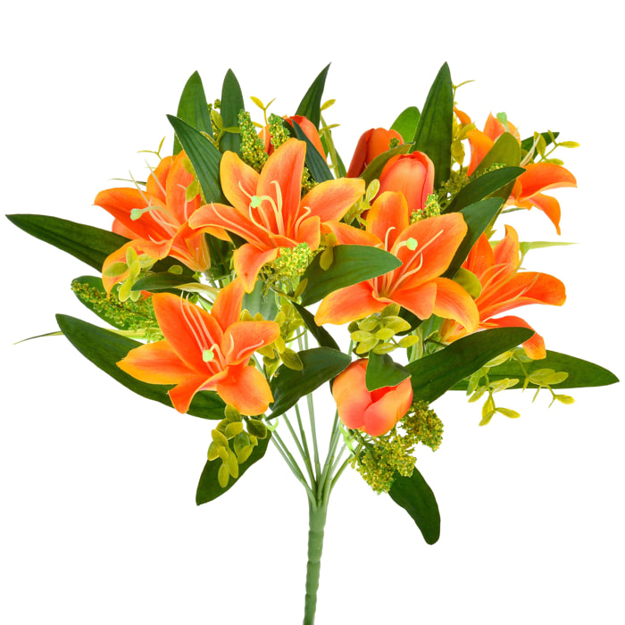 Bouquet Di Tulipani E Gigli. Altezza 37 Cm - Pezzi 6 - 18X37X5cm - Colore: Arancio - Bianchi Dino - Fiori Artificiali