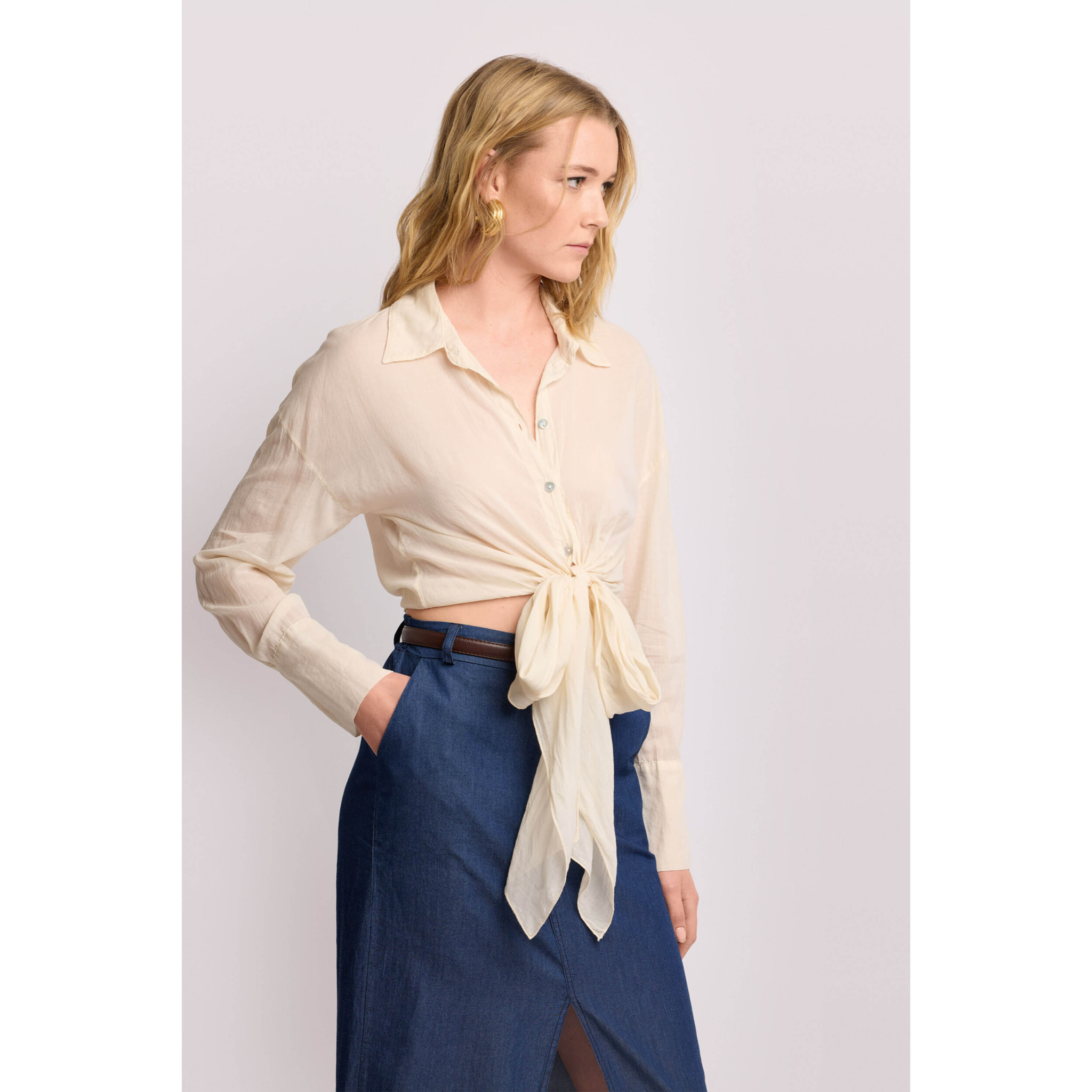 Kocca - Camicia in cotone con nodo Donna, Tinta unita, Colletto di camicia