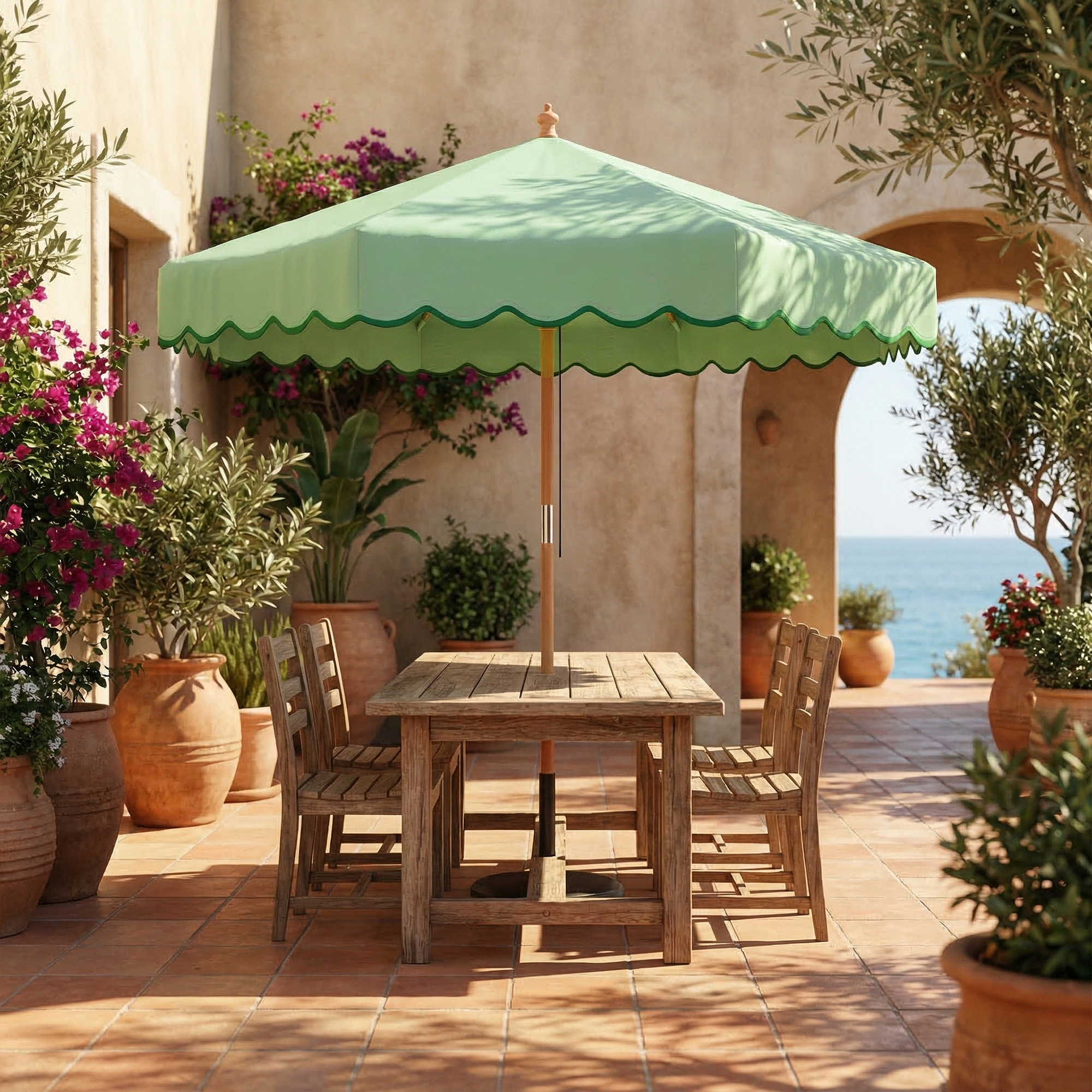 Parasol de jardin - parasol terrasse  rond avec volants rétro chic aspect bois protection UV -230 cm - vert clair