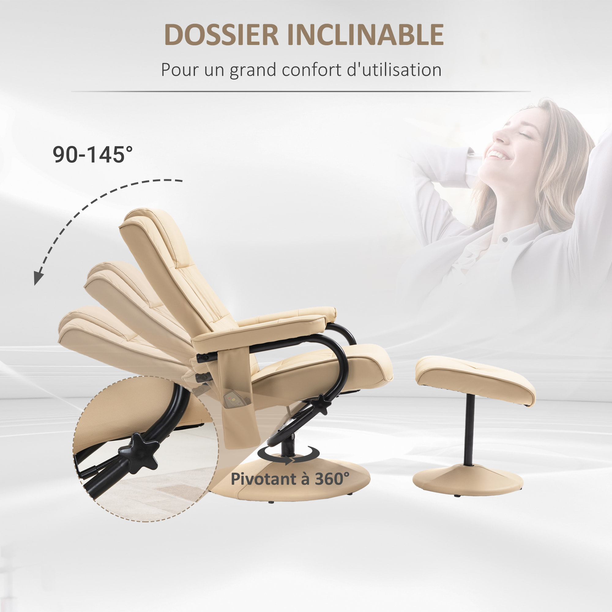 Fauteuil de massage et relaxation électrique pivotant inclinable avec repose-pied revêtement synthétique beige