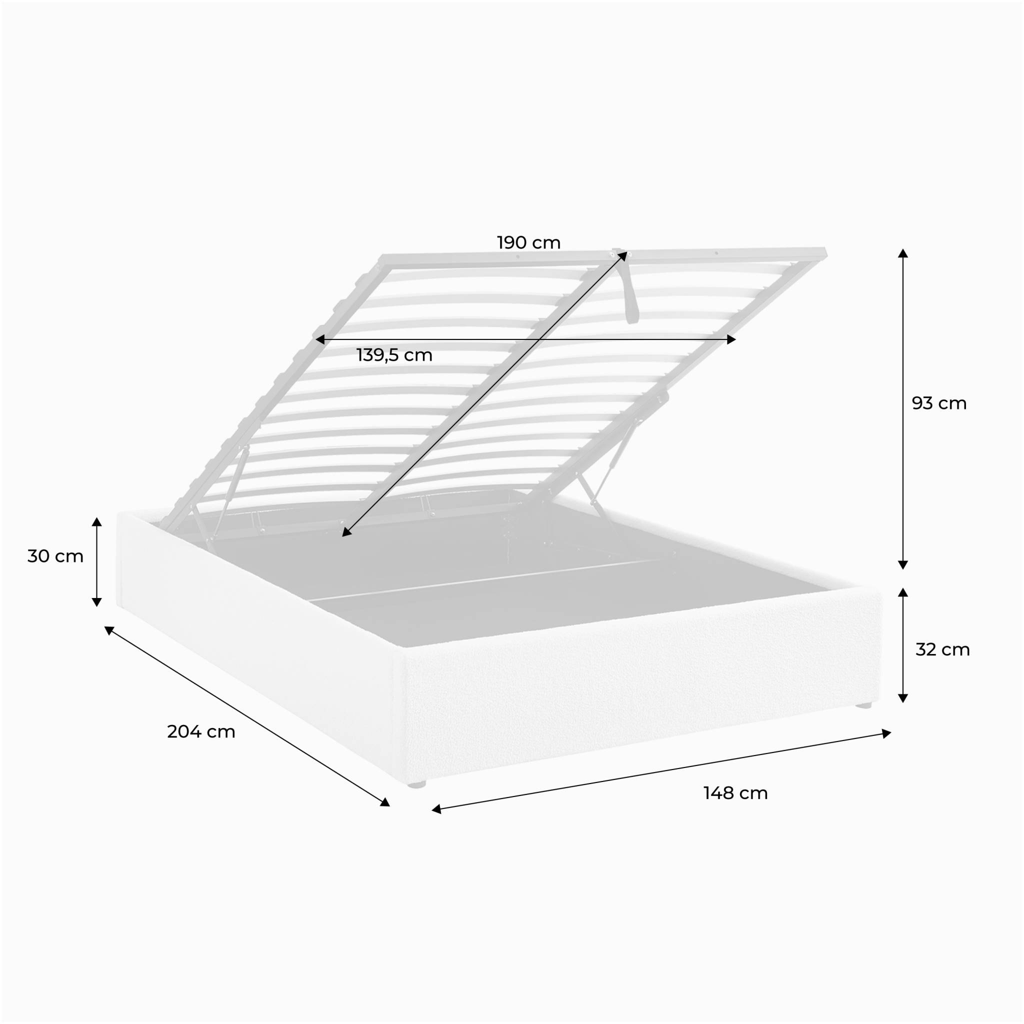 Lit coffre avec sommier à lattes. finition bouclette. blanc. L 204 x P 148 x H 32cm