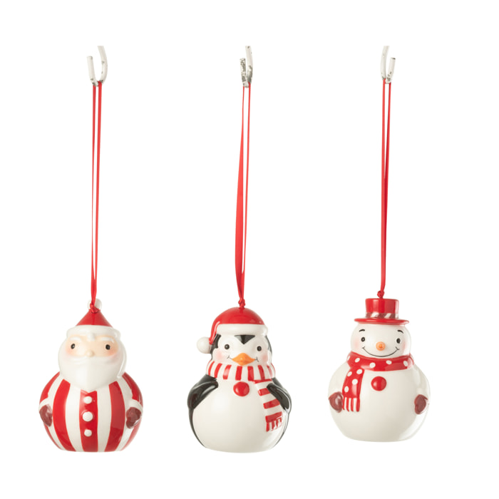 J-Line suspension Pingouin + Bonhomme de neige + Père Noël Dolomite - céramique - rouge/blanc - lot de 3