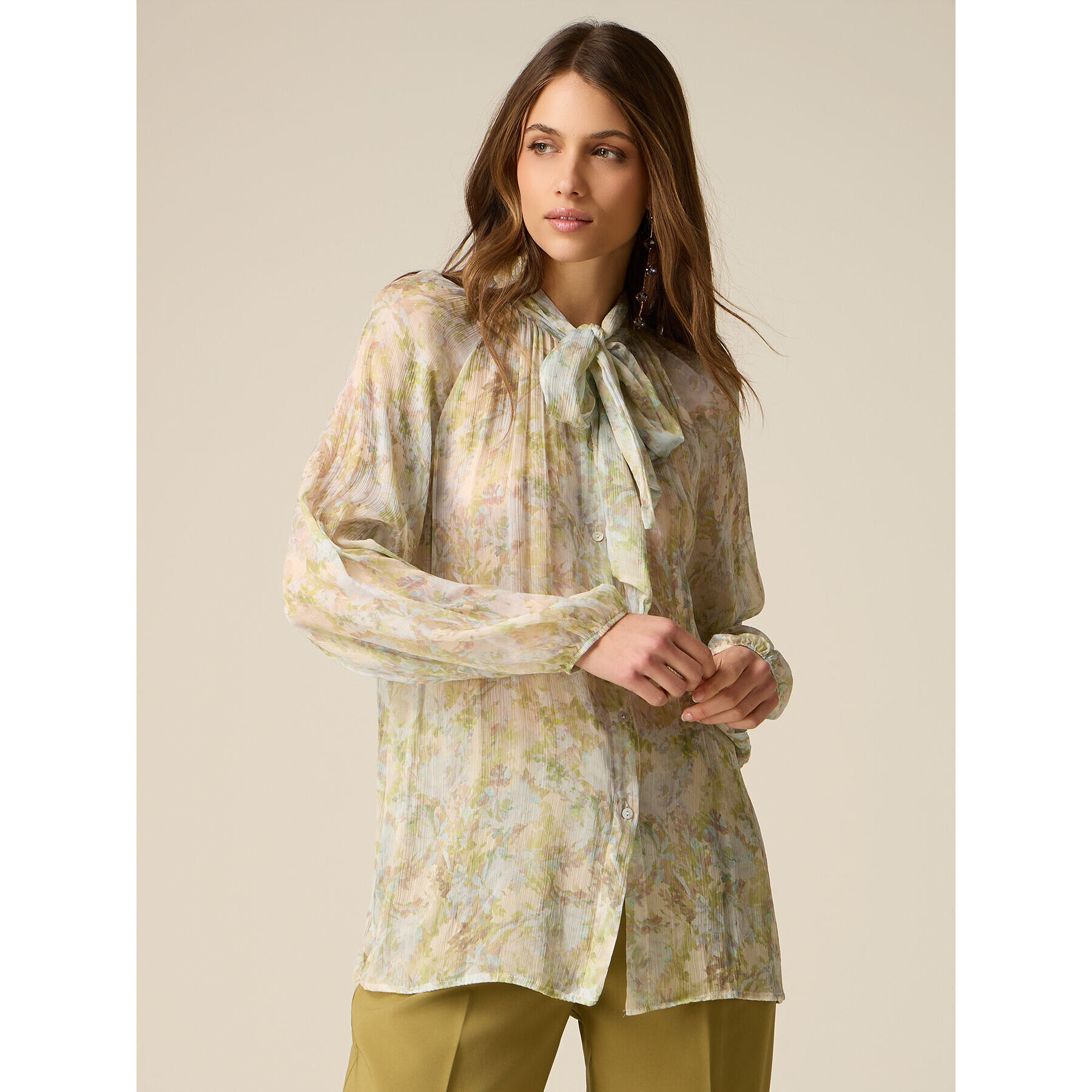 Oltre - Blusa de viscosa plisada con lazo - Light - blue