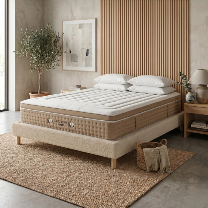 Ensemble matelas Bali & sommier Cancun | Mémoire de forme et ressorts ensachés | Cadre à lattes | Bouclette | Sable