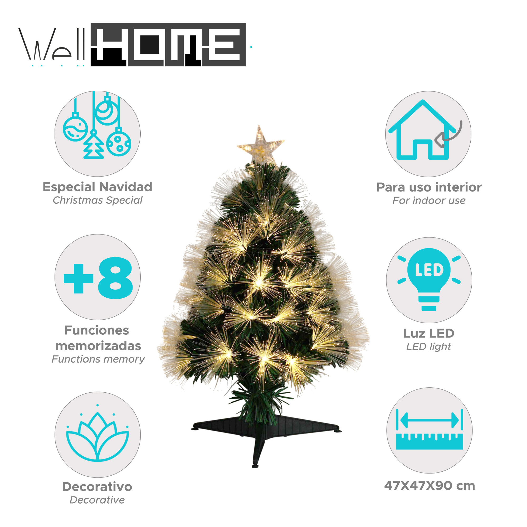 Árbol de navidad de fibra óptica con 90 luces led blancos cálidos con estrella 47x47x90cm