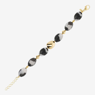 Bracciale in Argento 925 placcato Oro Giallo 18Kt con Pietre Naturali in Diaspro Bianco e Nero Sfaccettato