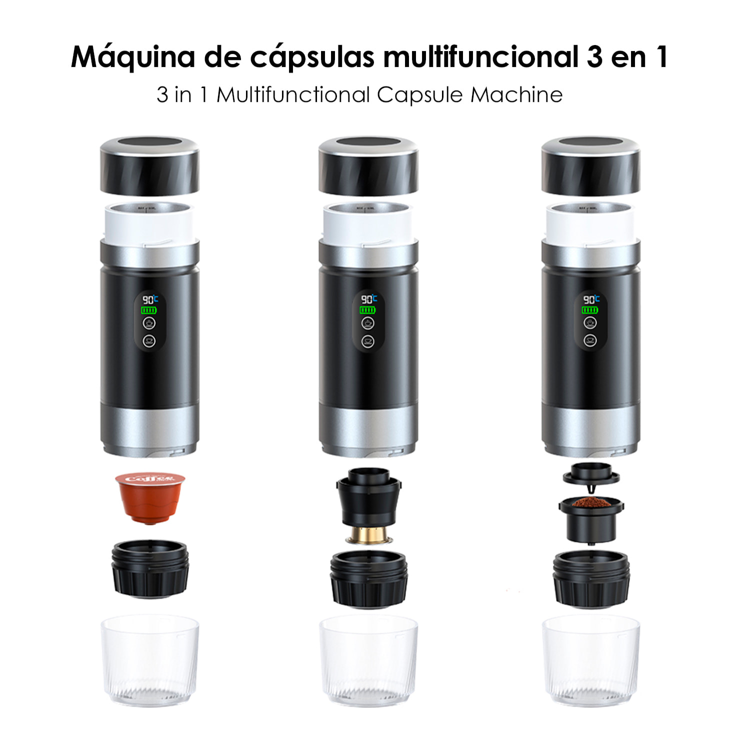 Cafetera portátil de cápsulas KF-JN-03, con dos baterías extraíbles de 7500mAh. Compatible con cápsulas y café molido.