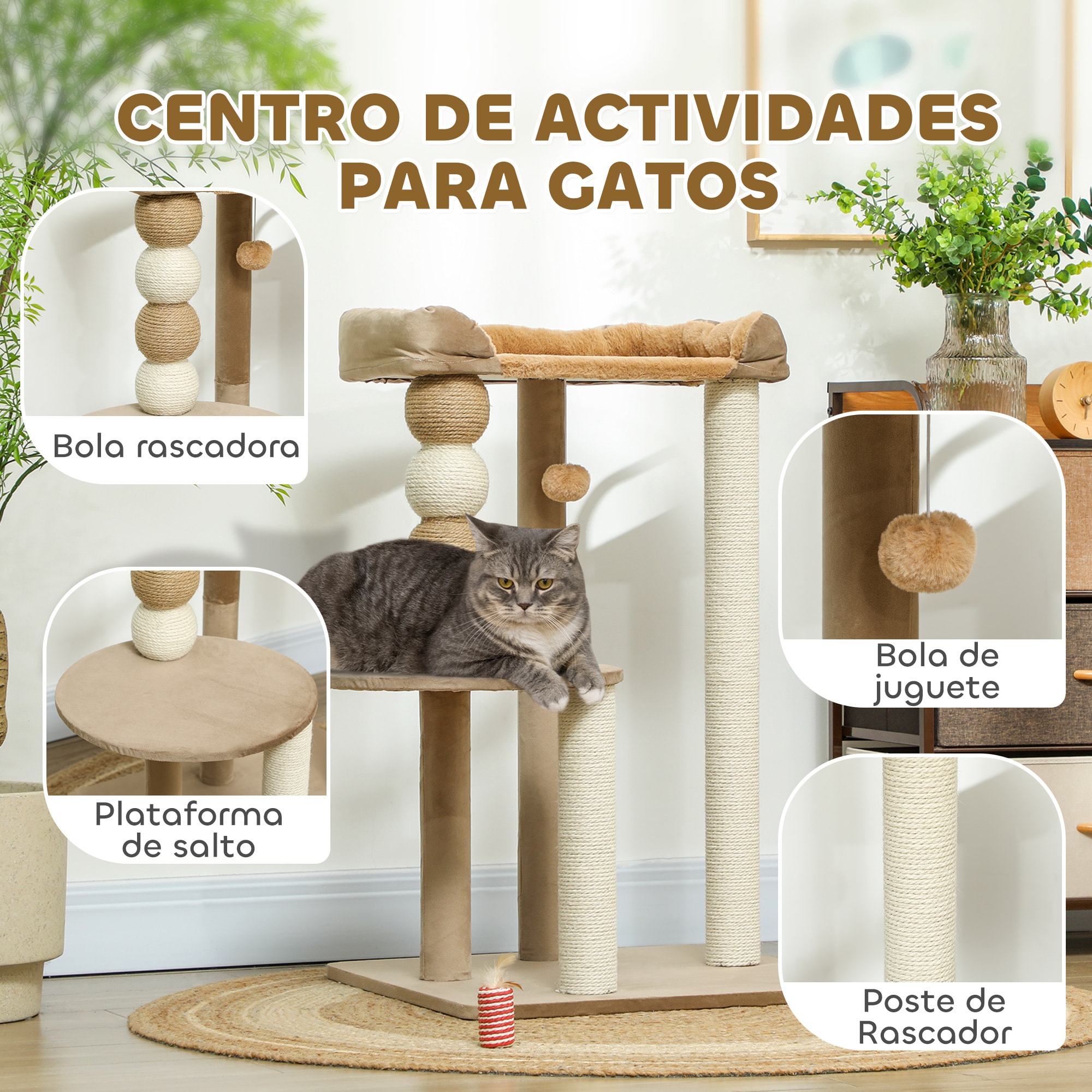 Árbol Rascador para Gatos, Árbol para Gatos 86 cm, Torre Escalador con Cama, Plataforma de Salto, Postes de Yute y Bolas de Juguete, Marrón y Beige