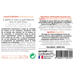 NUTRI EXPERT - Cartilage de requin - Renforce les cartilages et les tendons - Préserve la santé des articulations - Chondroïtine + Cuivre + Manganèse - Lot de 2 x 60 gélules végétales