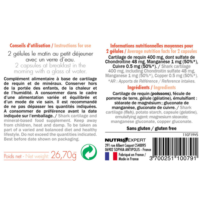 NUTRI EXPERT - Cartilage de requin - Renforce les cartilages et les tendons - Préserve la santé des articulations - Chondroïtine + Cuivre + Manganèse - Lot de 2 x 60 gélules végétales