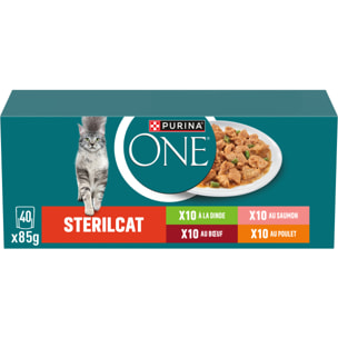 PURINA ONE SPÉCIAL CHAT STÉRILISÉ Effilés en Sauce au Saumon,  au Bœuf, et aux Carottes, à la Dinde, au Poulet et aux Haricots Verts, - Sachets fraîcheur pour chats adultes 85g