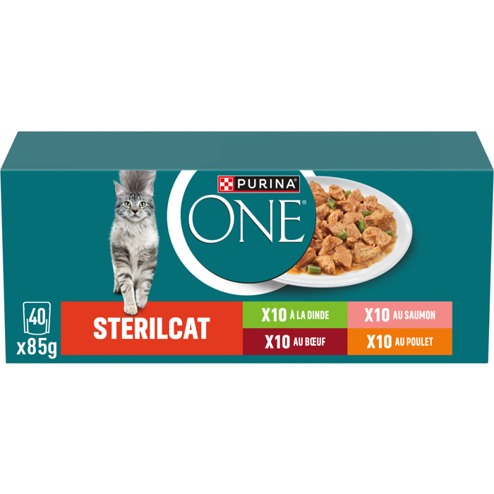 PURINA ONE SPÉCIAL CHAT STÉRILISÉ Effilés en Sauce au Saumon,  au Bœuf, et aux Carottes, à la Dinde, au Poulet et aux Haricots Verts, - Sachets fraîcheur pour chats adultes 85g