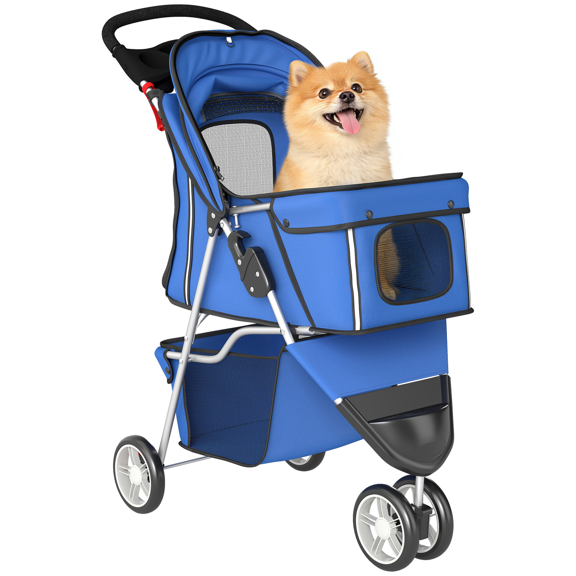 Carrito para Perros Plegable, Cochecito para Perros Pequeños con Cesta de Almacenaje, Ventanas de Malla, Portavasos y Ruedas, Carga 10 kg, 77x44x102 cm, Azul