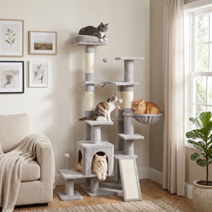 Árbol Rascador para Gatos 152 cm, Torre para Gatos Multinivel con Cueva, Hamaca, Cama, 4 Postes de Sisal, Escalera Rascadora, 3 Bolas Colgantes, Tela de Felpa, para 1-2, Gris Claro