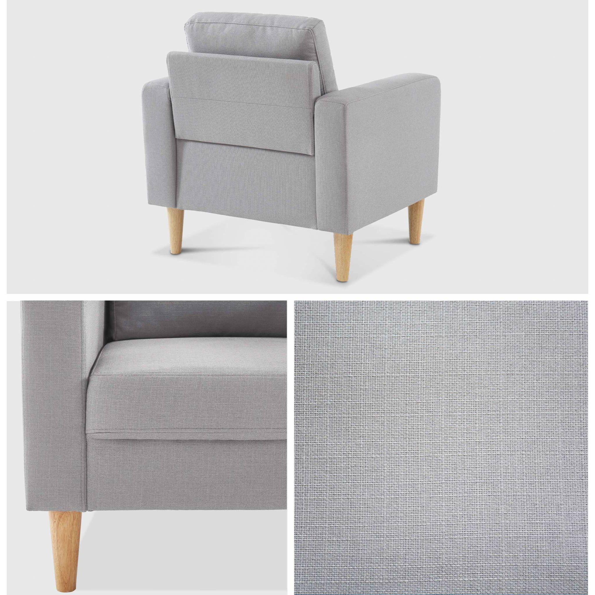 Fauteuil scandinave en tissu gris clair - Bjorn - Canapé 1 place fixe droit pieds bois