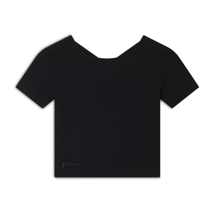 T-shirt slim fit a costine con apertura sulla schiena