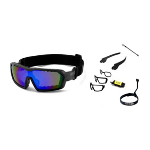Gafas de deportes acuáticos OCEAN CHAMELEON - Negro mate / Revo azul con plaquetas puntas y espuma negras con correa negra