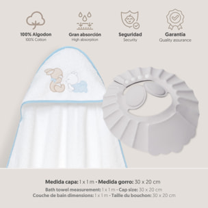 Capa Baño 1X1 Mod Oso Tumbado Conejito+Gorro Bco/Azul