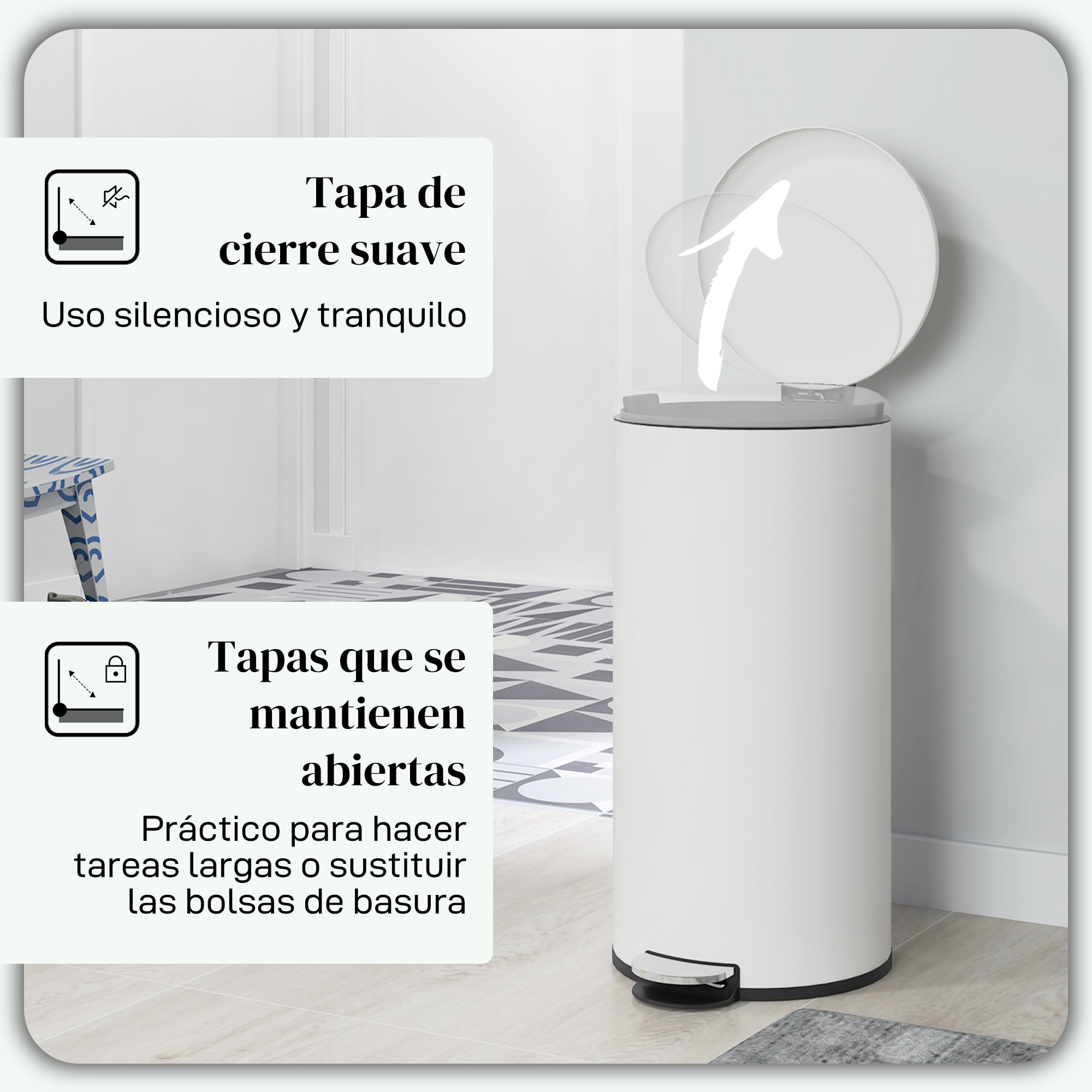 Cubo de Basura para Cocina 30L Papelera de Cocina con Pedal Tapa de Cierre Suave y Cubo Extraíble para Dormitorio Oficina Estudio Salón Crema