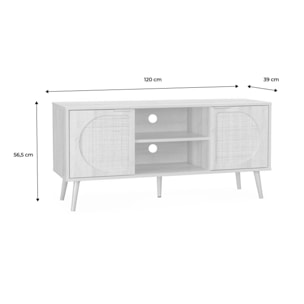 Meuble TV. Eva. décor bois et cannage arrondi 2 portes. 1 étagère L120 x l39 x H56.5cm